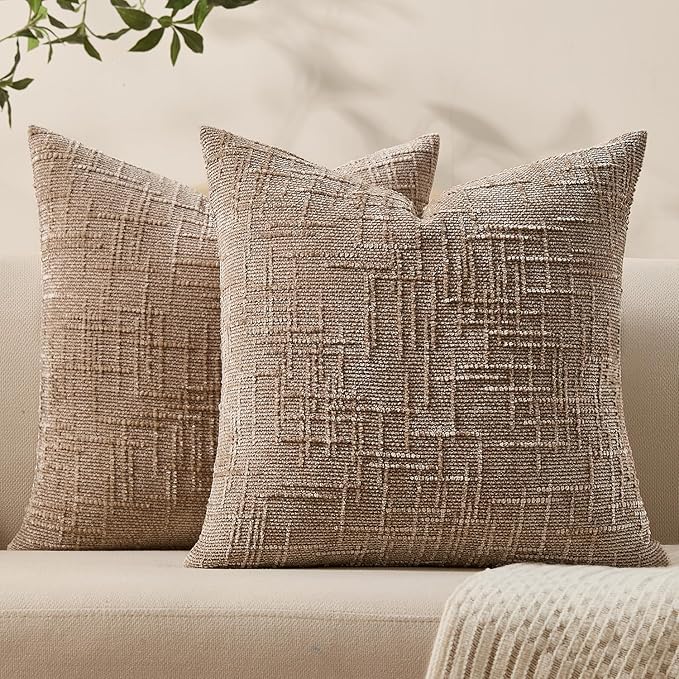 Decorative Couch Throw Pillow Covers 24x24 Set of 2 Camel Soft Chenille Pillow Covers Neutral Textured Boho Cushion Covers for Modern Farmhouse Sofa Bedroom Living Room Decor SY008-D24