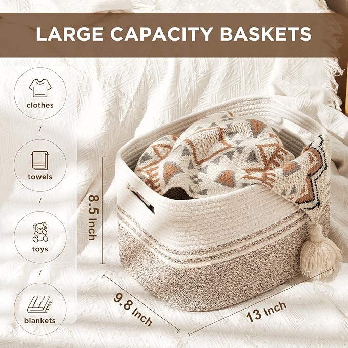 Temary Woven Storage Baskets, Set of 3 Rope Baskets for Storage Clothes, Towels, Versatile Boho Storage Bins (White&Brown, 13"x9.8"x8.5")