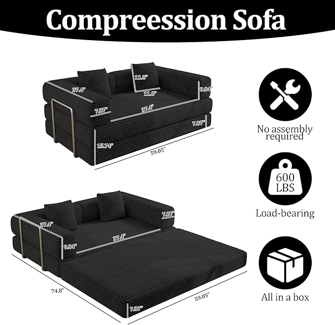 4-in-1 Foldable Sofa Bed Teddy Foam-Filled Compressed Couch Loveseat Sofa Boneless Foldable Convertible Sleeper Sofa Couch for Space Saving Living Room, Guest Bed, Playroom (Black, 53.15"Double Sofa)