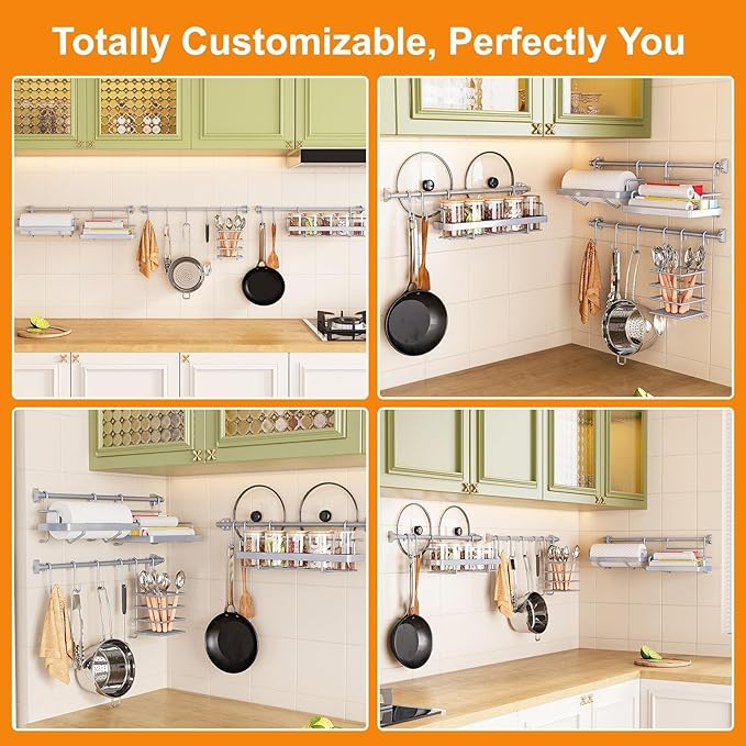 Kitchen Utensil Hanger & Spice Rack with Towel Holder,Space-Saving Wall Mount Kitchen Storage for Pantry,Countertop,Bathroom