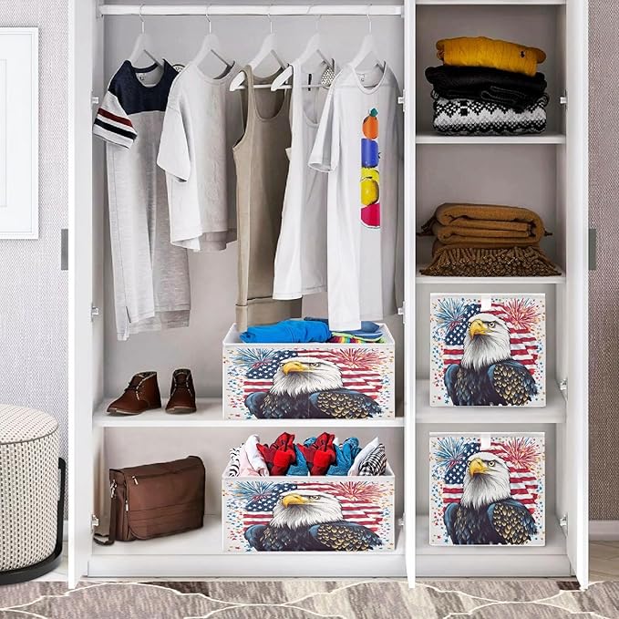 Bald Eagle Fireworks American Flag Closet Organizers Storage Cubes Storage Bins Shelf Baskets Containers for Home Room Office,Square