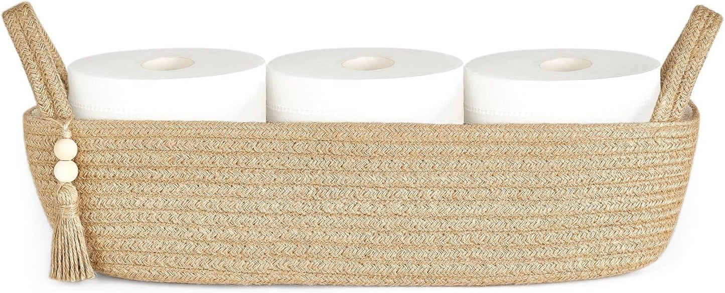 Small Storage Basket for Toilet Tank Top | Boho Bathroom Decor Woven Rope Organizer – Jute, 15.7" L x 6" W