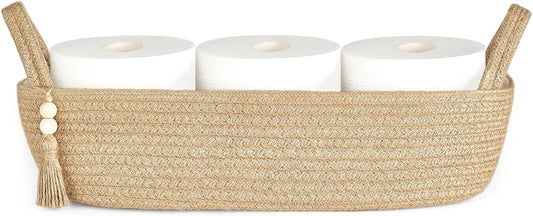 Small Storage Basket for Toilet Tank Top | Boho Bathroom Decor Woven Rope Organizer – Jute, 15.7" L x 6" W