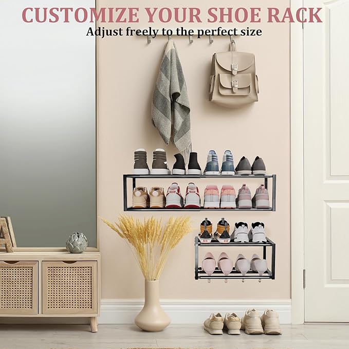 Expandable Wall Mounted Shoe Rack, 17"-31" Adjustable Hanging Shoe Rack Holds 8 Pairs, Heavy Duty Metal Shoe Holder with 2 Storage Hooks, Space Saving for Entryway Closet Doorway（Black）