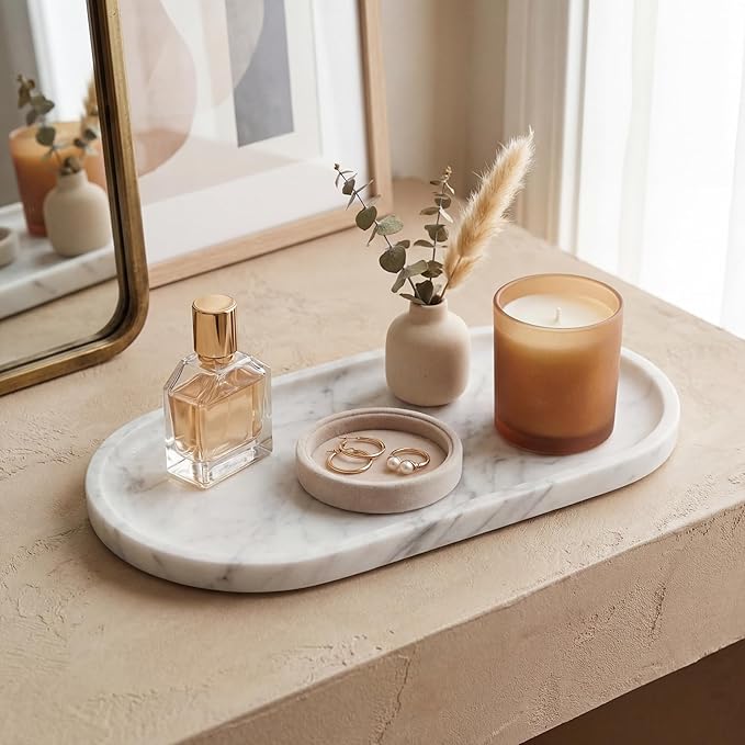 YKAJO 11.6" x 5.9" Oval Real Marble Tray for Bathroom & Kitchen Counter — 100% Natural Stone Decorative Vanity Tray for Dresser & Perfume — Heavy Catchall Organizer for Soap & Jewelry, White Gray