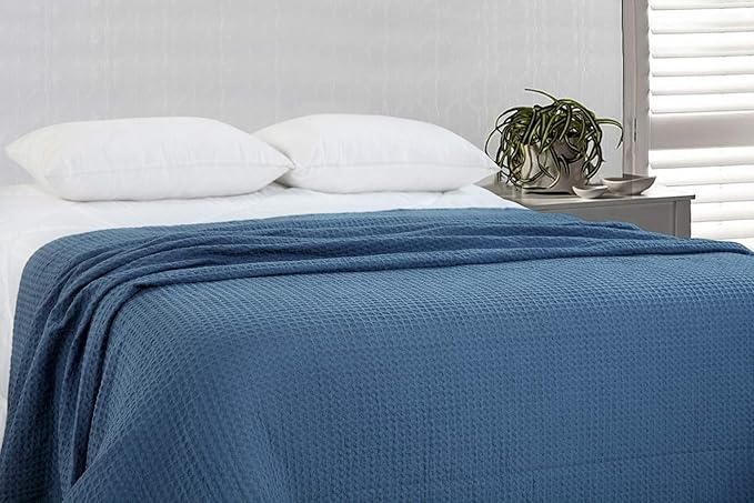 HILLFAIR 100% Combed Cotton Blanket– Queen Size Bed Blanket– Warm Soft All Season Breathable Lightweight Summer Blankets– Waffle Weave Home Decor Bed Blanket- Navy Queen Bed Cotton Blankets/Bedcover
