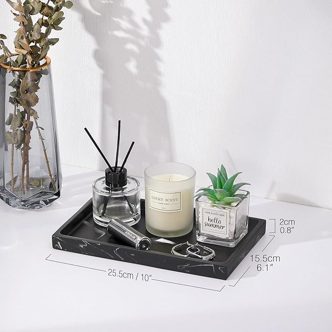Luxspire Bathroom Vanity Tray, Resin Dresser Jewelry Ring Dish Tank Storage Kitchen Sink Countertop Organizer Plate Holder for Perfume Candles Soap Towel Plant Bathroom Accessories, M, Matte Ink Black