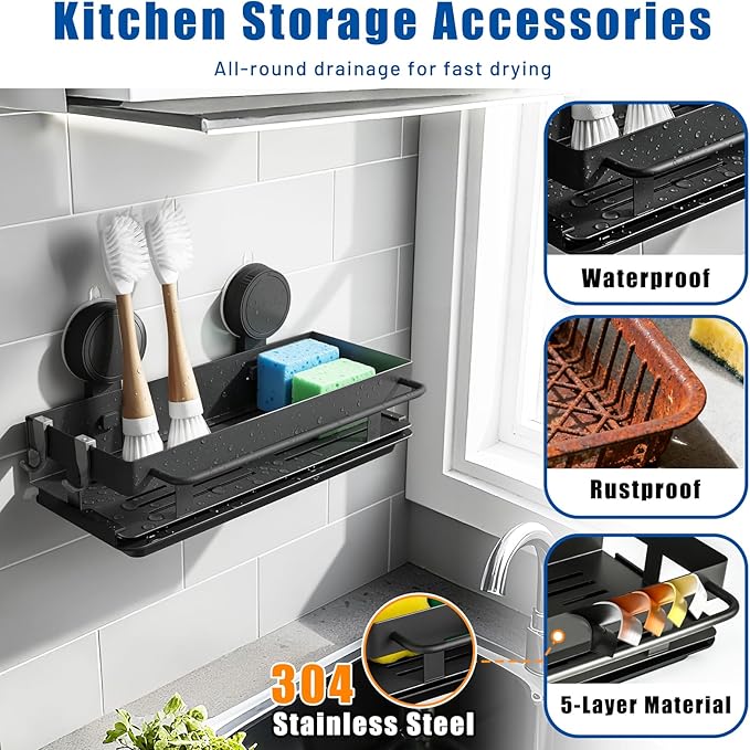 BZLMDXW Sponge Holder for Kitchen Sink, Sink Caddy Organizer with High Brush Holder 304 Rustproof Stainless, Kitchen Countertop Soap Dispenser Organizer, Decor and Accessories