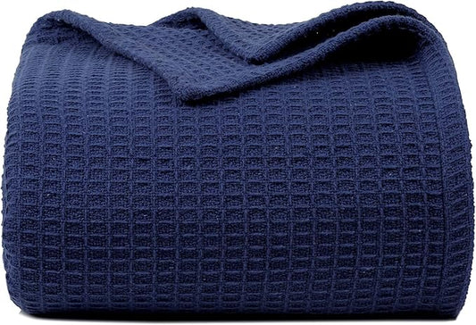 Bed & Bath Home Premium 100% Cotton Waffle Weave Blanket King Size – Soft Breathable Lightweight Comfort, Natural All-Season Bed Blanket, Easy-Care Bedspread for Bed & Couch (Navy Blue)