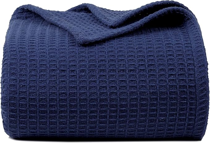 Bed & Bath Home Premium 100% Cotton Waffle Weave Blanket Twin Size – Soft Breathable Lightweight Comfort, Natural All-Season Bed Blanket, Easy-Care Bedspread for Bed & Couch (Navy Blue)