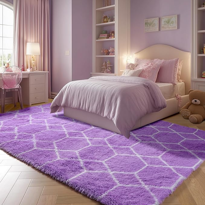 ONASAR Area Rugs for Bedroom Living Room, 4x6 Fluffy Purple and White Throw Rug, Boho Geometric Soft Shaggy Fuzzy Plush Indoor Floor Carpet for Kids Teen Nursery Dorm Home Decor Aesthetic