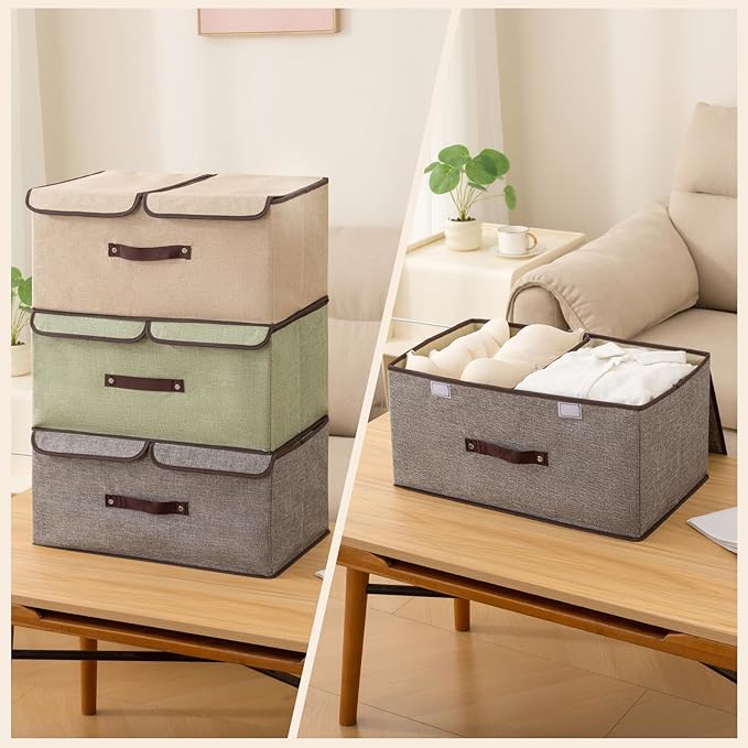 Linen Fabric Storage Bins with Lids and Dividers 2-Pack, 15L Collapsible Closet Organizers, Foldable Divided Boxes for Clothes, Beige Linen Closet Organization(Grey)
