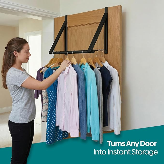 HOLDN’ STORAGE Over The Door Hanger - Foldable Rack Organizer for Hanging Clothes, Coats & Towels, Ideal for Dorm Rooms, Laundry, Bathrooms, Etc - Holds up to 35 LBs, Collapsible - Black (2 Pack)