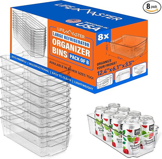 8-Piece Stackable Refrigerator Bin Organizer Set with Easy Grip Handles - Clear Multi-Purpose Storage Bins for Fridge and Pantry Use