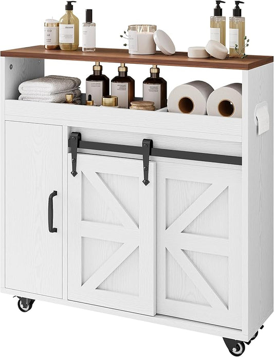 IRONCK Toilet Paper Cabinet, Slim Bathroom Cabinet with 4 Rolling Wheels, Farmhouse Slim Storage Cart with Paper Holes, Sliding Doors and Adjustable Shelf for Small Space, White/Walnut