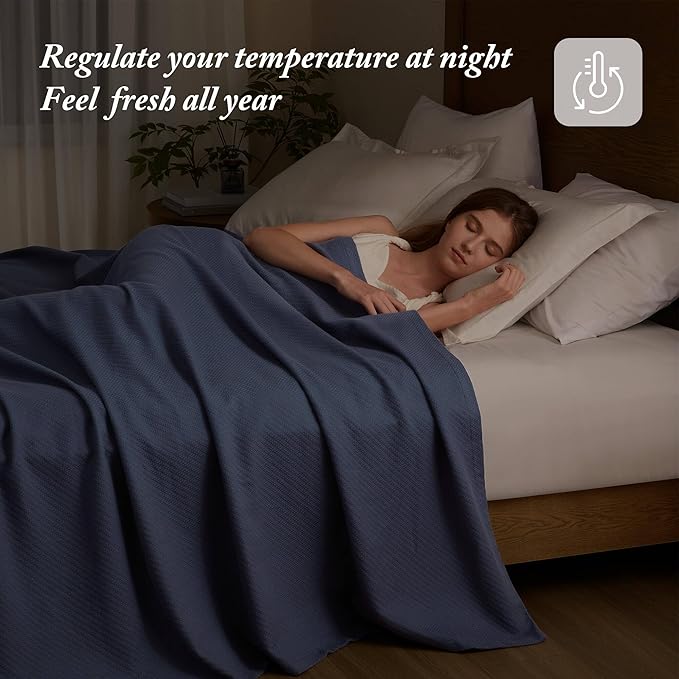 Madison Park Liquid Cotton Blanket Breathable, Softer Ring Spun Weave, Diamond Motif, Luxurious 100% Cotton All Seasons Lightweight Summer Blanket for Bed, Couch, Office, Navy, King