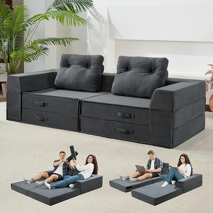 Folding Sofa Bed, 4 in 1 Convertible Sleeper Chair with Pillow, Loveseat Memory Foam Fold Out Chair Bed, Modern Floor Futon Sofa Couch Mattress for Living Room/Guest/Apartment, Black Grey | Compressed sofa, L shaped armrest, Sturdy backrest, Large supp...
