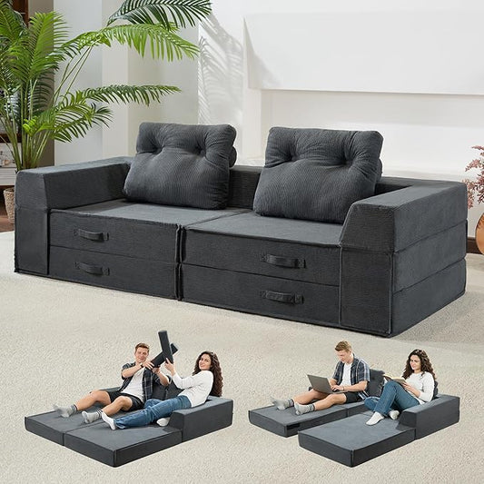 Folding Sofa Bed, 4 in 1 Convertible Sleeper Chair with Pillow, Loveseat Memory Foam Fold Out Chair Bed, Modern Floor Futon Sofa Couch Mattress for Living Room/Guest/Apartment, Black Grey | Compressed sofa, L shaped armrest, Sturdy backrest, Large supp...