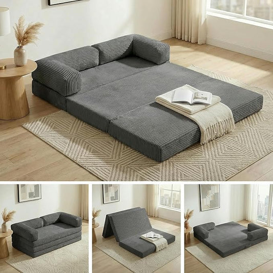 Convertible Sofa Bed,5-in-1 Tri-Fold Boneless Couch with Removable Armrests & Handle,Corduroy Futon Sleeper Sofa,Floor Folding Mattress Pull Out Bed for Small Space Apartment Living Room Bedroom