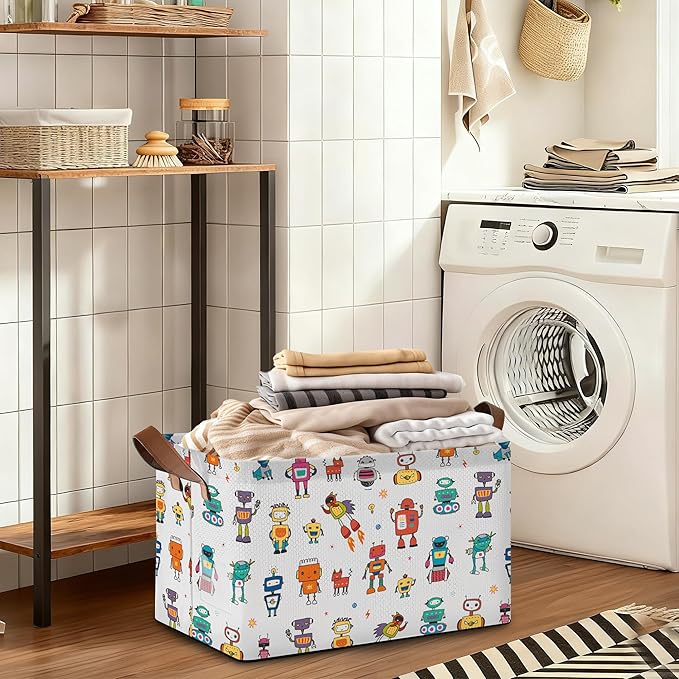 Robot Storage Bin with Handles, Basket Storage Organizer for Shelves, Closet, Nursery, Book, Laundry Hamper & Home Decor