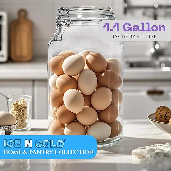 Airtight Glass Storage Jars with Clamp Lid – Food Storage Containers with Rubber Gasket Seal – Pantry & Kitchen Canisters for Dry Goods, Coffee, Sugar, Pasta – 0.4L to 4L Sizes (2, 135oz | 4L)