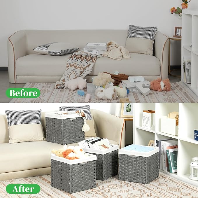 Bidtakay Wicker Storage Baskets for Organizing 4-Pack Hand-Woven Imitation Dark Grey Wicker Cube Storage Bins with Liners for Shelves Closet Cabinet 11x11 Waterproof Cube Organizer for Pantry
