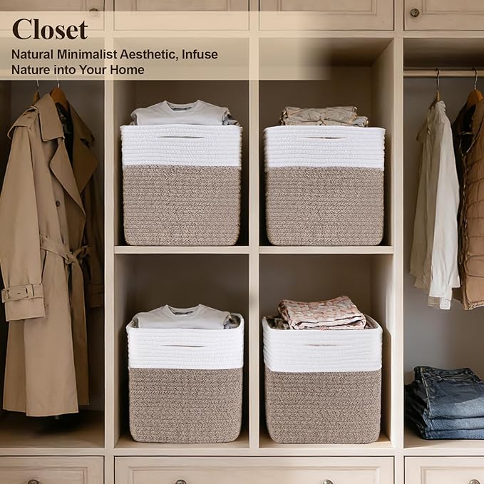 Storage Cubes 11 Inch Storage Baskets for Shelves, Cotton Rope Woven Baskets for Organizing, Cube Storage Square Bins for Toy, Playroom Decor, Classroom, Closet, White+brown, 1pack