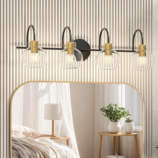 4 Light Bathroom Vanity Light, Black and Gold Light Fixtures, Sconces Wall Lighting with Glass Shade, Modern Brushed Vanity Lights for Bedroom, Hallway,Bathroom Lighting Fixtures Over Mirror
