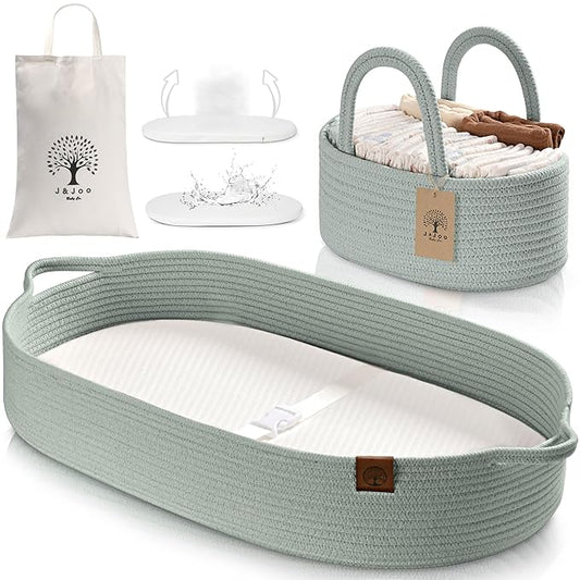 Baby Changing Basket Includes Diaper Caddy - Soft & Waterproof Dual-Cover, Portable, Changing Pad for Dresser & Changing Table, Gift for Baby Shower, Organic Cotton Rope