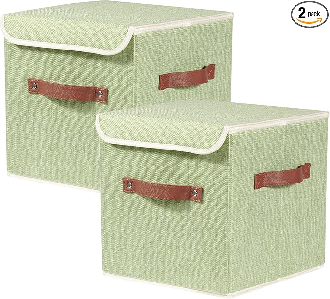 2PCS Storage Cubes with Lid Fabric Storage Bins Boxes PU Leather Handles Cotton Linen Closet Organizer Container Decorative Foldable Washable Shelf Cloth Basket (Flip-top Lid, Green, 11in)