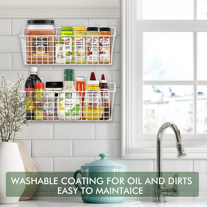 Large Wall Hanging Baskets - 2 Set Rustproof Rubber Coating Wall Shelving Organizers - Metal Wire Basket Storage No Drill Adhesive Wall Mount for Shower Kitchen Laundry Pantry Cabinet RV (White)