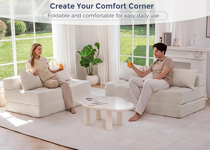 MAXYOYO Folding Sofa Couch, Convertible Floor Sleeper Couch with 2 Pillows, Tufted Floor Loveseat Couch Tufted Fold Out Chair Bed Comfy Sofa Lounge for Living Room Bedroom, Beige