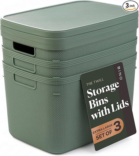 BINO | Plastic Storage Bins with Lids, 20 Liter - 3 Pack, Desert Green | THE TWILL COLLECTION | Plastic Bins for Organization | Woven Storage Baskets for Organizing | Pantry Shelf Organizer Basket Bin
