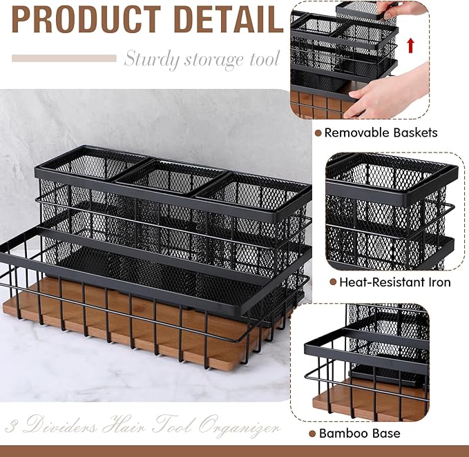 1 Pcs 1pcs Hair Tool Organizer Countertop Breathable Metal Bamboo Hot Tools Vanity Organizer Under Sink Bathroom Hair Dryer Holder Countertop Brush Comb Holder Tray (Koa Wood,Black)