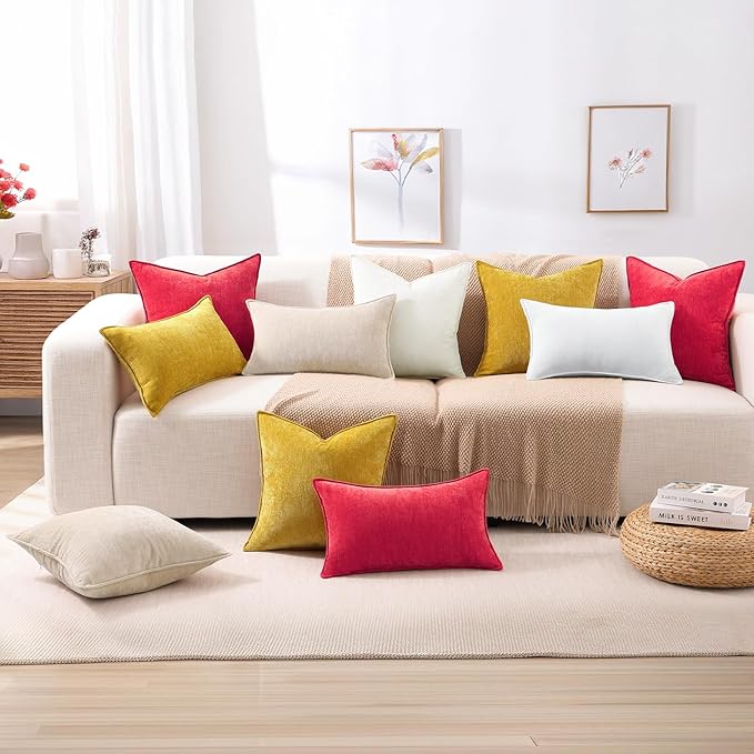 decorUhome Spring Couch Throw Pillow Covers 16x16 Set of 2, Decorative Soft Velvet Modern Cozy Chenille Pillow Cases with Elegant Design for Sofa Bed Living Room Home Decor, Red