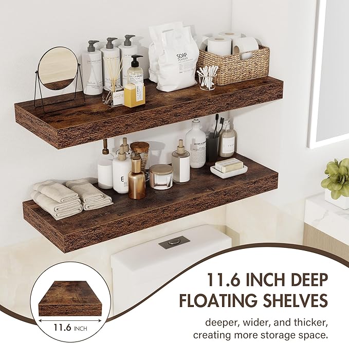 48 Inch Floating Shelves, 12" Deep Floating Shelf Wall Mounted, 48" Wall Shelves, Rustic Deep Bookshelf, Extra Deeper & Thicker Display Shelves for Bedroom, Living Room, Brown, Set of 2