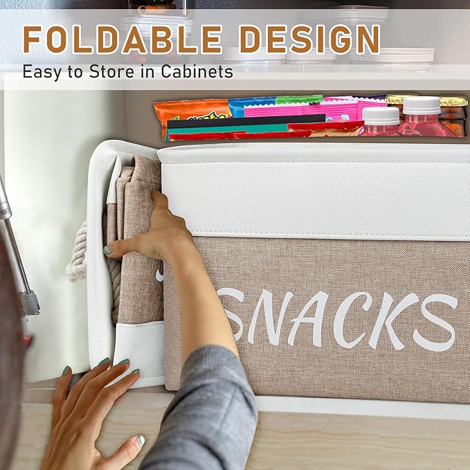Snack Organizer for Pantry, Decorative Snack Basket with 10pcs Chip Clips, Snack Organizer for Desktop, Collapsible Snack Storage Basket Shelf, Office, Kitchen and More (Beige, Medium-2 Pack)