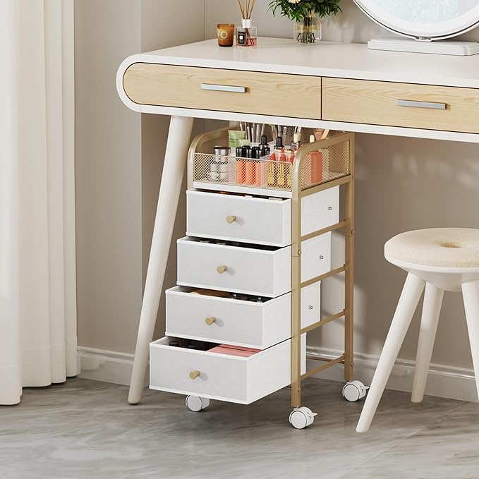 SWTYMIKI Rolling Makeup Organizer Cart - Floor Skincare Make Up Storage with 4 Non-woven Drawers, Vanity Organizer Cosmetic Display Cases Cabinet for Skin Care Perfume Nail Polish Brush Hair Tool