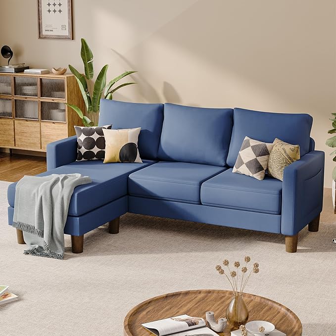 JUMMICO L Shape Sectional Sofa Couch, 3 Seat Convertible Sofa with Movable Ottoman and Side Storage Pockage, Modern Sofa Small Couches for Living Room & Apartment and Small Space (Linen, Blue)