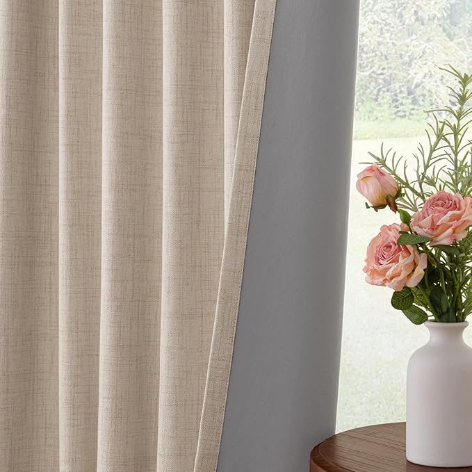 INOVADAY 100% Blackout Curtains for Bedroom, Black Out Curtains 96 Inch Long, Clip Rings Linen Blackout Drapes, Thermal Insulated Room Darkening for Living Room, 1 Panel - Oatmeal,W102xL96