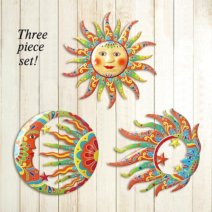 Limygus 3D Printed Sun Moon Metal Wall Art - Rust Colored Rust Proof Wall Sculpture Set of 3 for Indoor & Outdoor Decor for Bedroom, Garden, Patio, Farmhouse