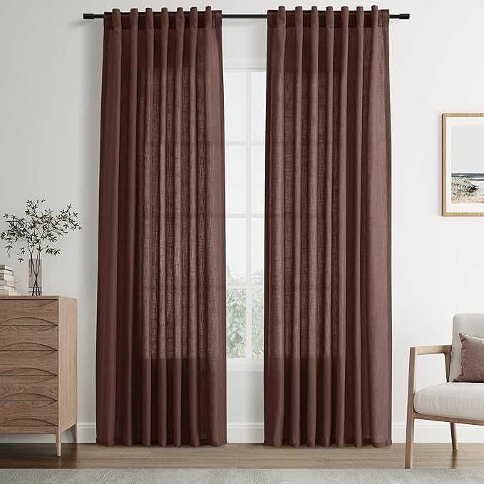 Joywell Rustic Brown Back Tab Rod Pocket Linen Curtains 96 Inches Long 2 Panels for Living Room Bedroom Neutral Boho Farmhouse Rustic Light Filtering Semi Sheer Curtains Window Treatment 52x96