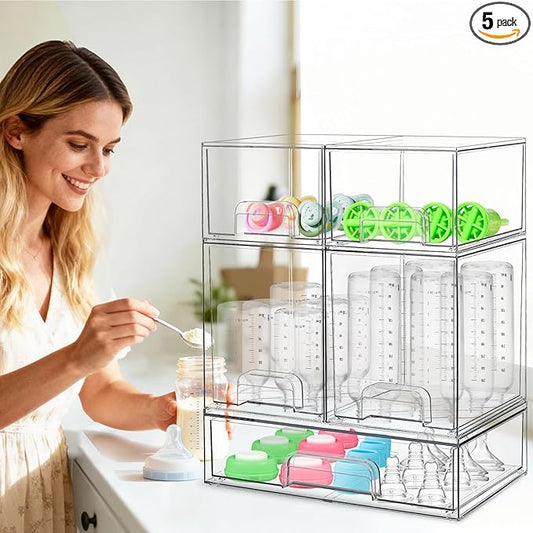 Baby Bottle Organizer for Countertop with Dust Protection, 5Pack Stackable Baby Organizers and Storage for Bottles, Clear Acrylic Container with Drawer for Kitchen, Cabinet, Vanity, Bathroom, Pantry
