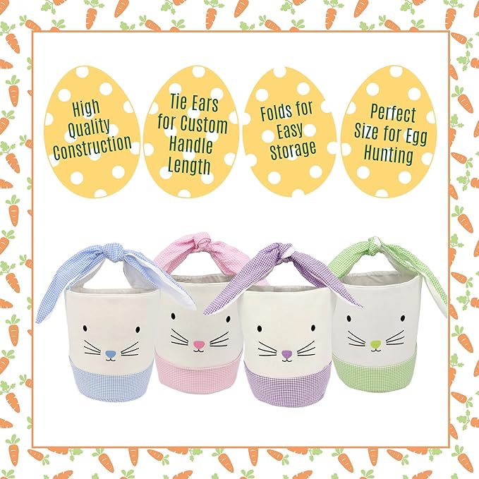 Easter Bunny Canvas Basket, Easter Egg Basket, Bunny Face, White with Gingham Pattern, 8x10 Inches, Foldable Tie Handle (Green)