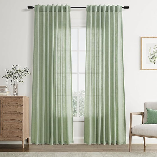 Joywell Mist Sage Back Tab Rod Pocket Linen Curtains 96 Inches Long 2 Panels for Living Room Bedroom Neutral Boho Farmhouse Rustic Light Filtering Semi Sheer Curtains Window Treatment 52x96