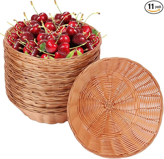 9.5 Inch Round Poly Wicker Baskets - Bulk 11 Pack for Serving, Empty Gifts, Small Wicker - Durable Bread and Food Serving for Home & Restaurant Use