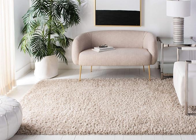 SAFAVIEH August Shag Collection Area Rug - 6'7" x 9', Beige, Solid Design, Non-Shedding & Easy Care, 1.5-inch Thick Ideal for High Traffic Areas in Living Room, Bedroom (AUG200D)