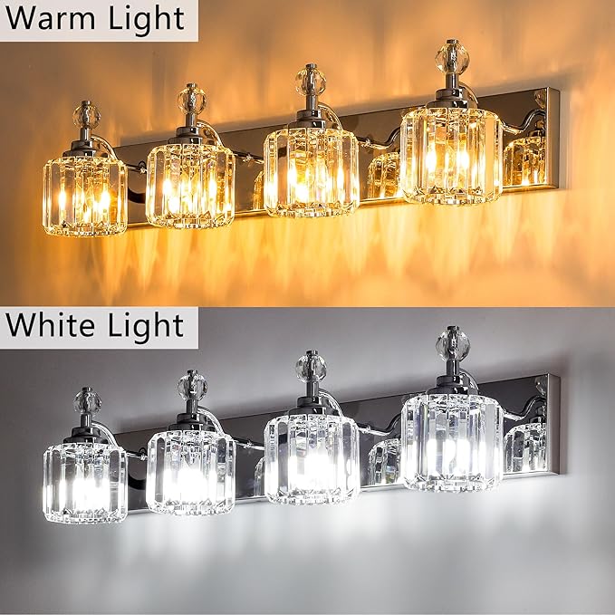4-Light Bathroom Vanity Light - Crystal Bathroom Lighting Fixtures Over Mirror with 60w(Max) E12 Base, 56pcs Crystal Sheet, Chrome Vanity Lights for Bath Room