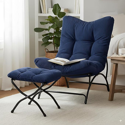 Welnow Modern Accent Chair with Ottoman, Upholstered Comfy Lounge Recliner Sofa, Thick Cushion Oversized Lazy Reading Chair with Footrest for Living Room, Bedroom, Apartment, Office, Dorm, Navy