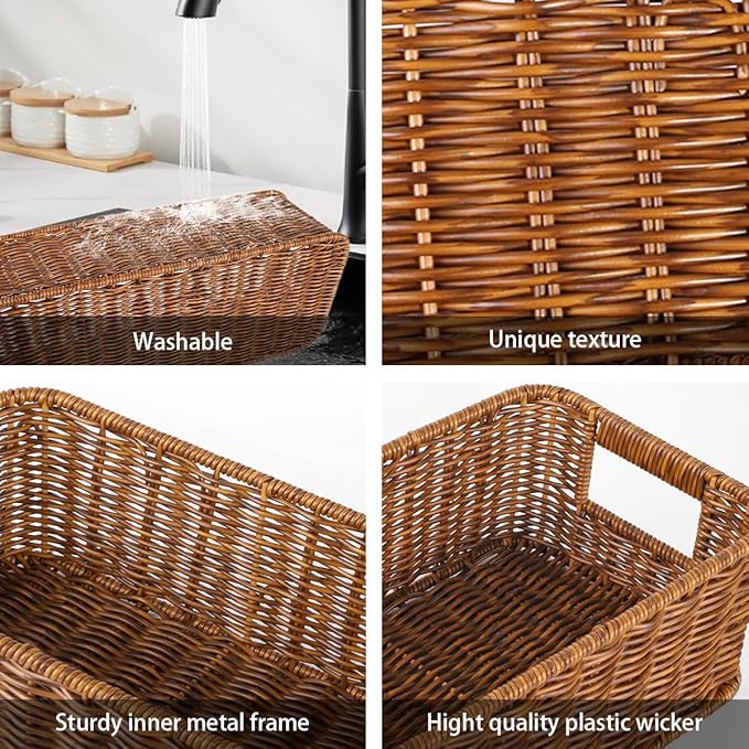 2Pack Toilet Paper Storage Basket, Small Wicker Basket For Toilet Paper Rolls, Waterproof Hand Woven Organizer Baskets Over Tank Topper, Shelf Baskets for Bathroom Countertop (Coffee Brown)